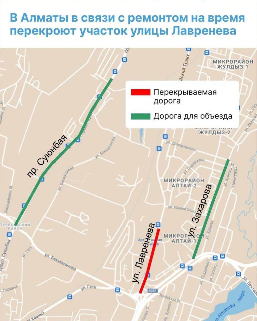 В Алматы в связи с ремонтом на время перекроют участок улицы Лавренева