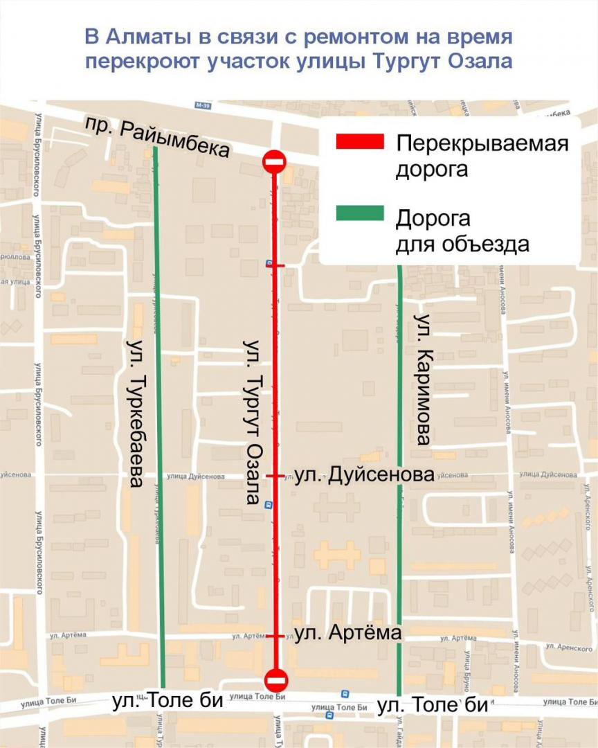 В Алматы в связи с ремонтом на время перекроют участок улицы Тургут Озала
