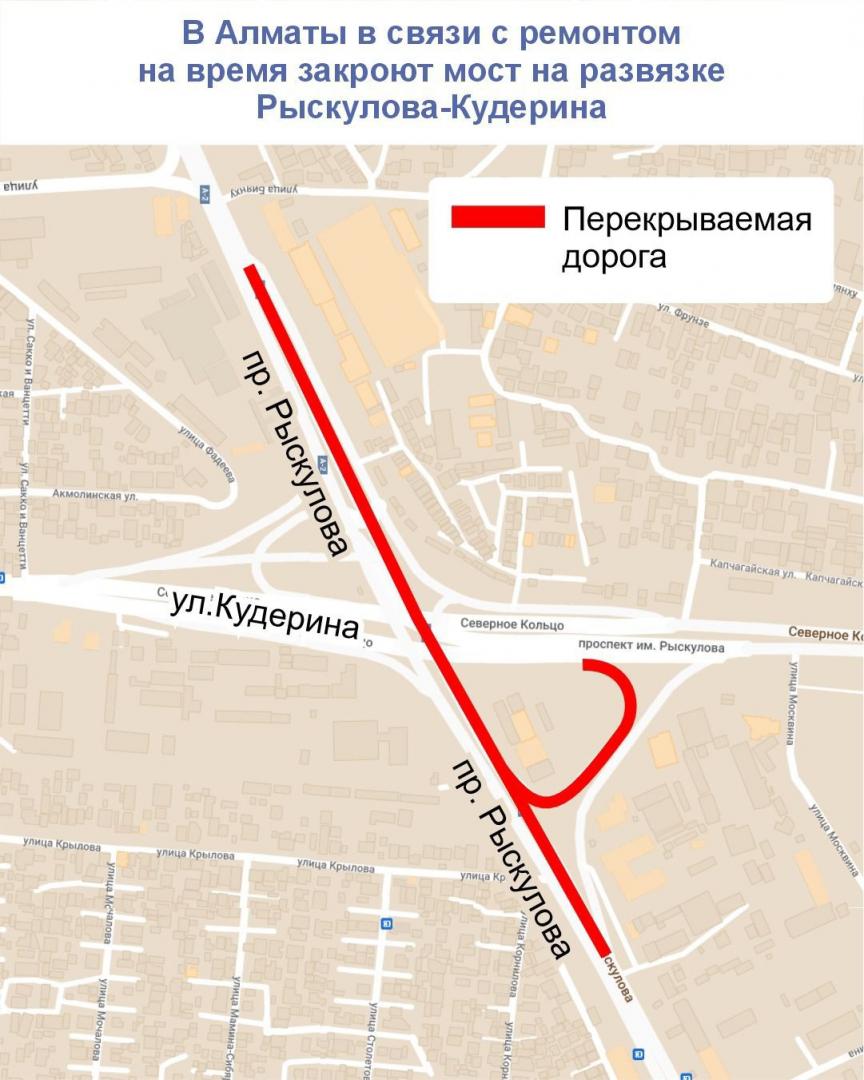 В Алматы в связи с ремонтом на время закроют мост на развязке Рыскулова — Кудерина