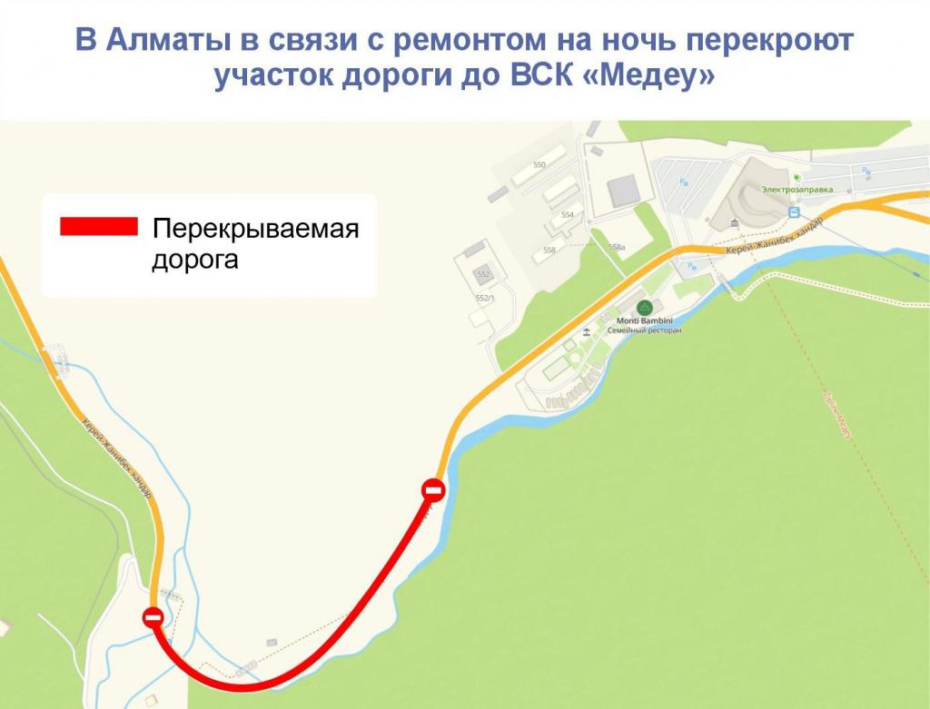В Алматы в связи с ремонтом на ночь перекроют участок дороги до ВСК «Медеу»