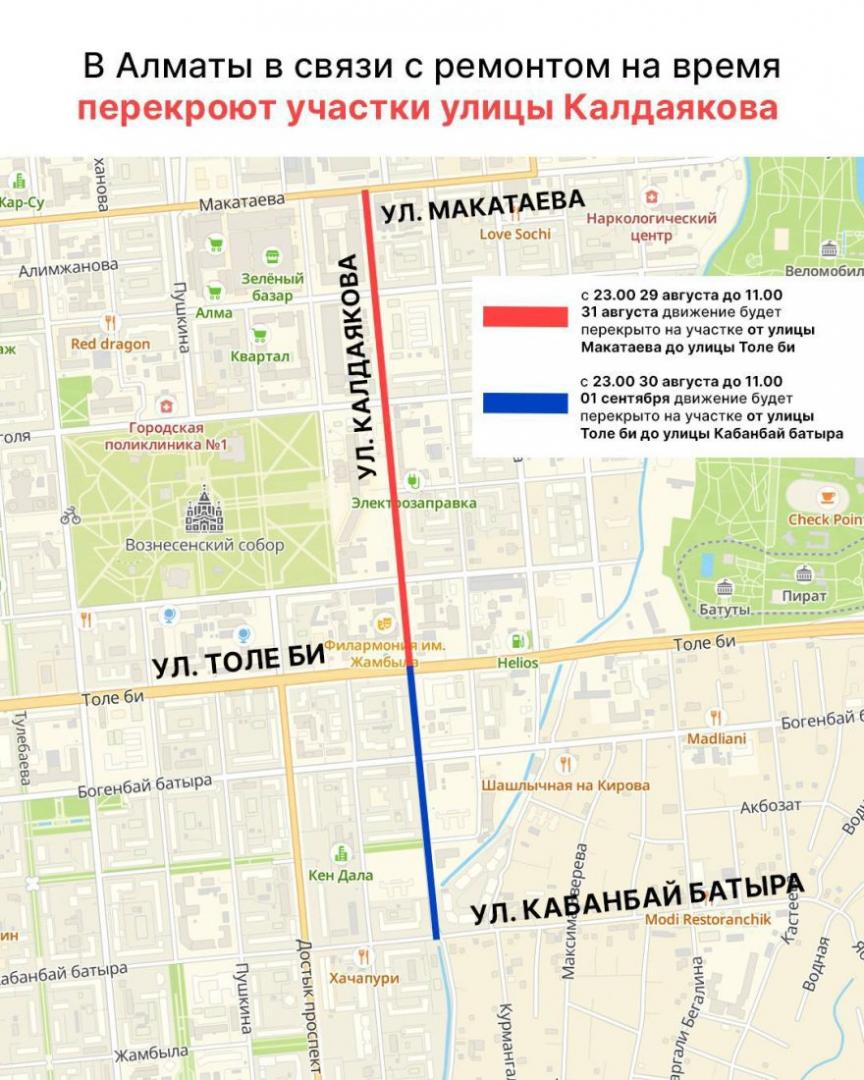 В Алматы в связи с ремонтом на время перекроют участки улицы Калдаякова