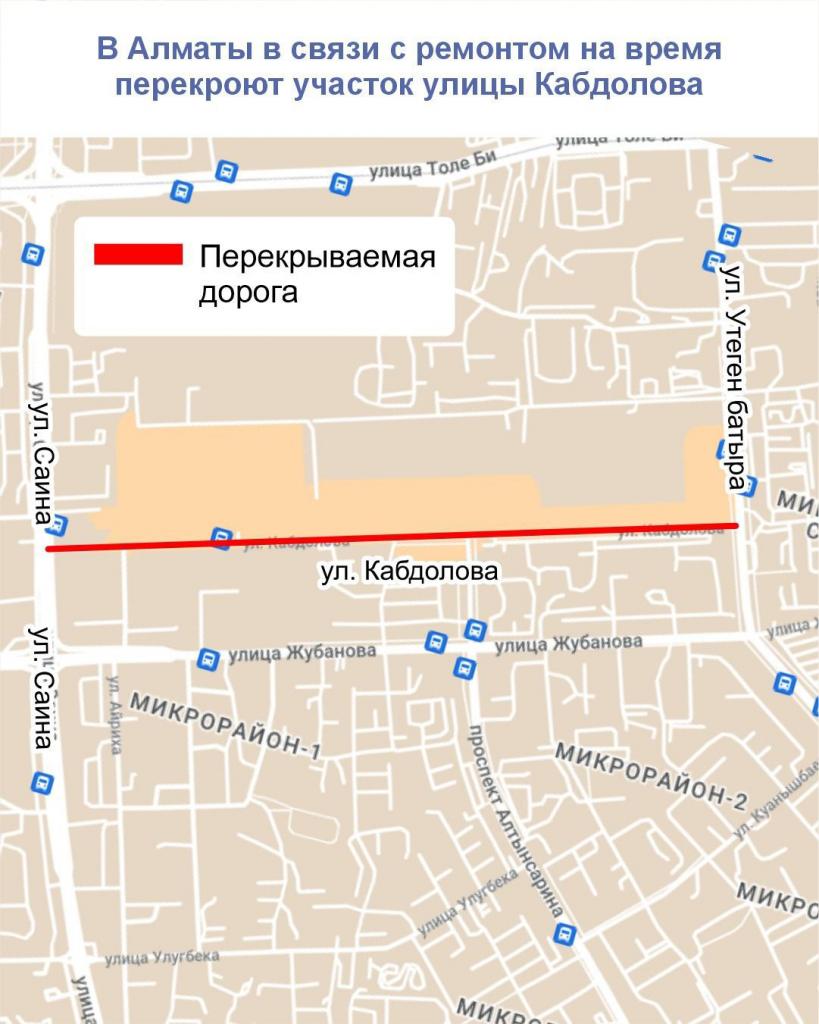 В Алматы в связи с ремонтом на время перекроют участок улицы Кабдолова