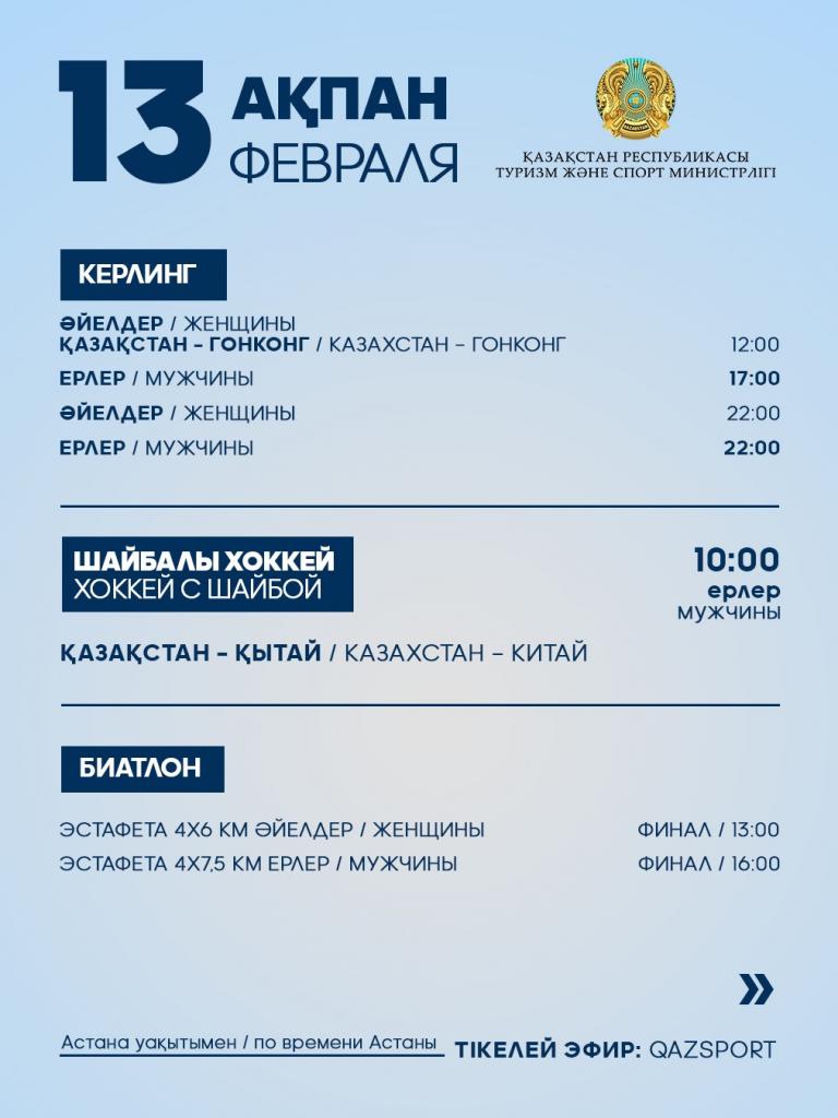 Программа выступления спортсменов Национальной сборной РК на IX зимних Азиатских играх: 13 февраля