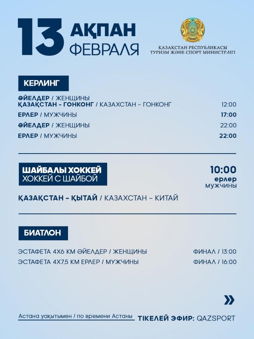 Программа выступления спортсменов Национальной сборной РК на IX зимних Азиатских играх: 13 февраля