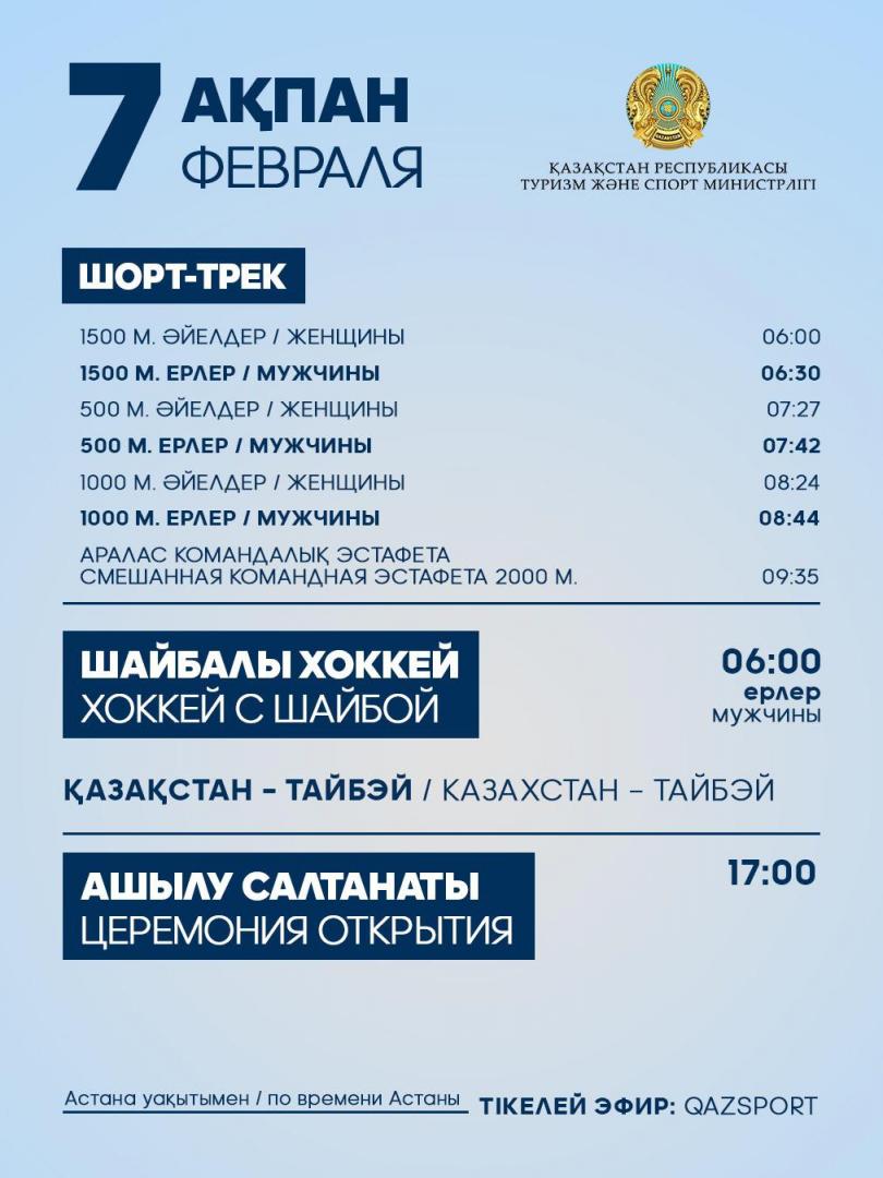 Программа выступления спортсменов Национальной сборной РК на IX зимних Азиатских играх: 7 февраля