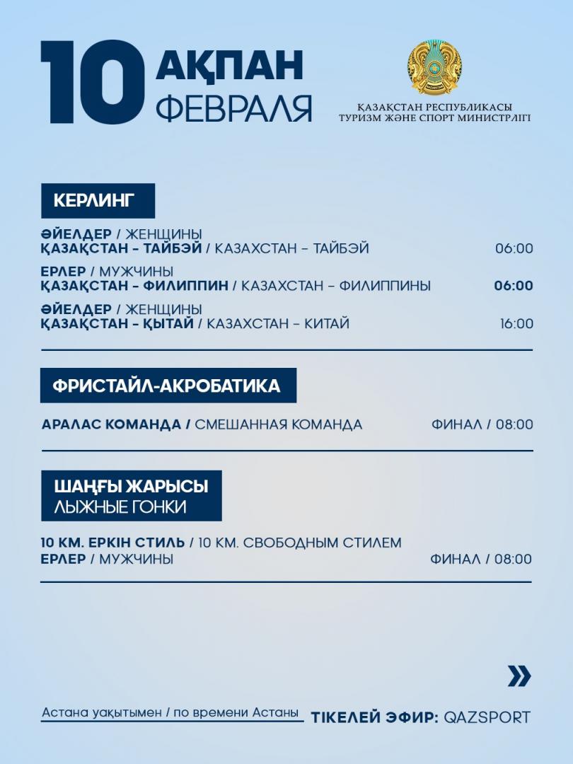 Программа выступления спортсменов Национальной сборной РК на IX зимних Азиатских играх: 10 февраля