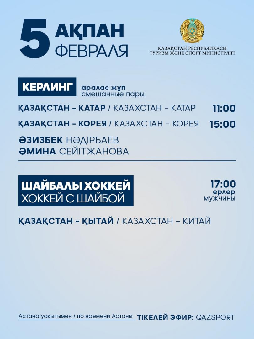 Программа выступления спортсменов Национальной сборной Республики Казахстан на IX зимних Азиатских играх: 5 февраля (среда)
