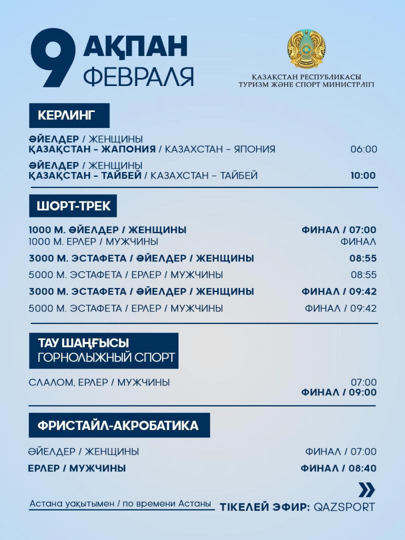 Программа выступления спортсменов Национальной сборной РК на IX зимних Азиатских играх: 9 февраля
