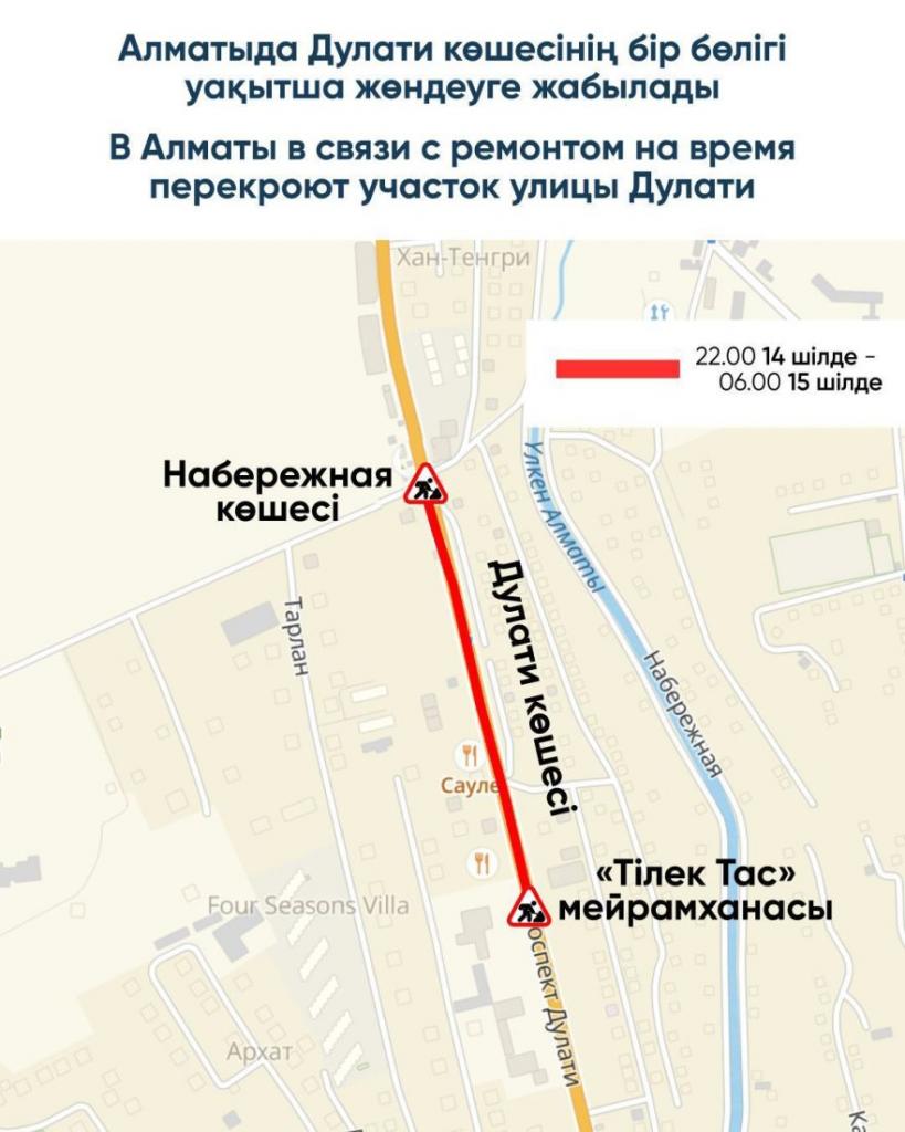 В Алматы в связи с ремонтом на время перекроют участок улицы Дулати