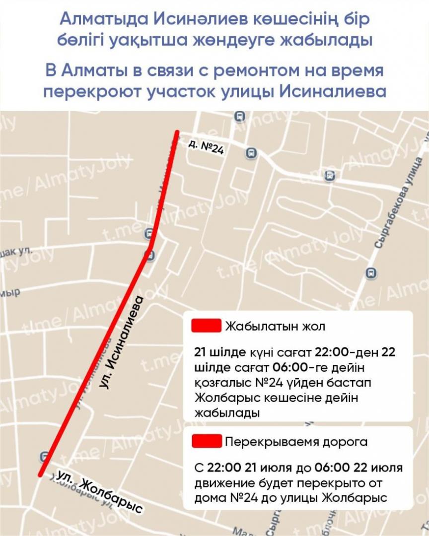 В Алматы в связи с ремонтом на время перекроют участок улицы Исиналиева