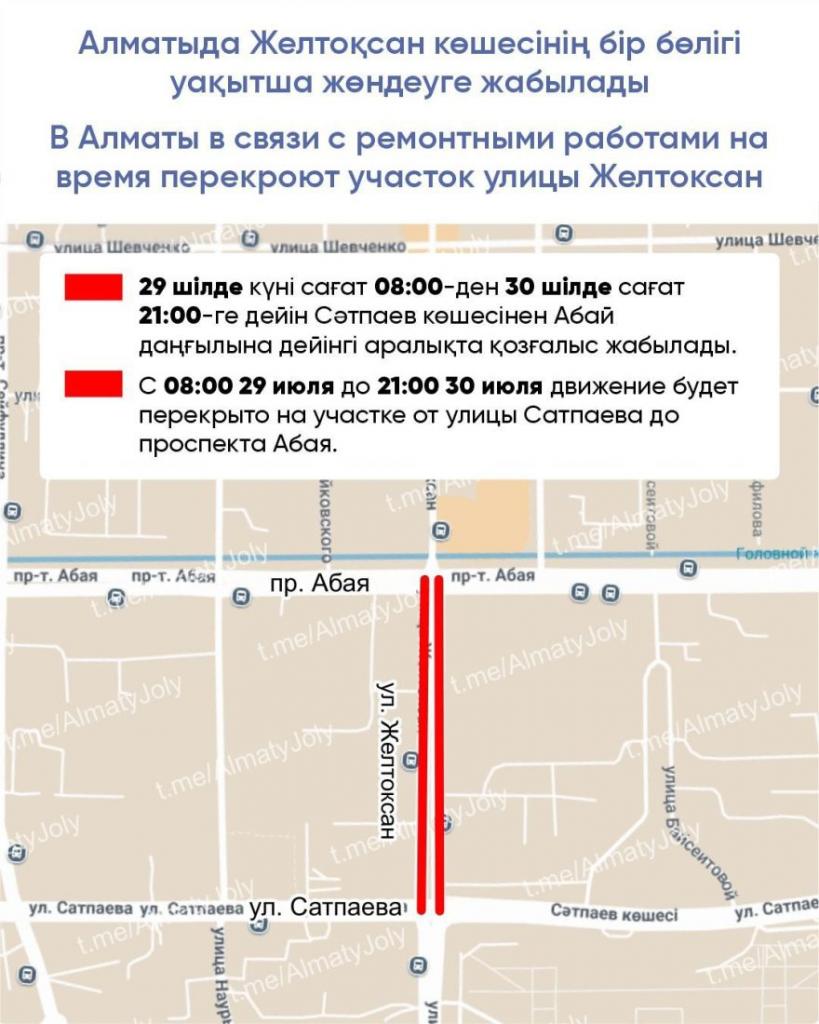 В Алматы в связи с ремонтными работами на время перекроют участок улицы Желтоксан