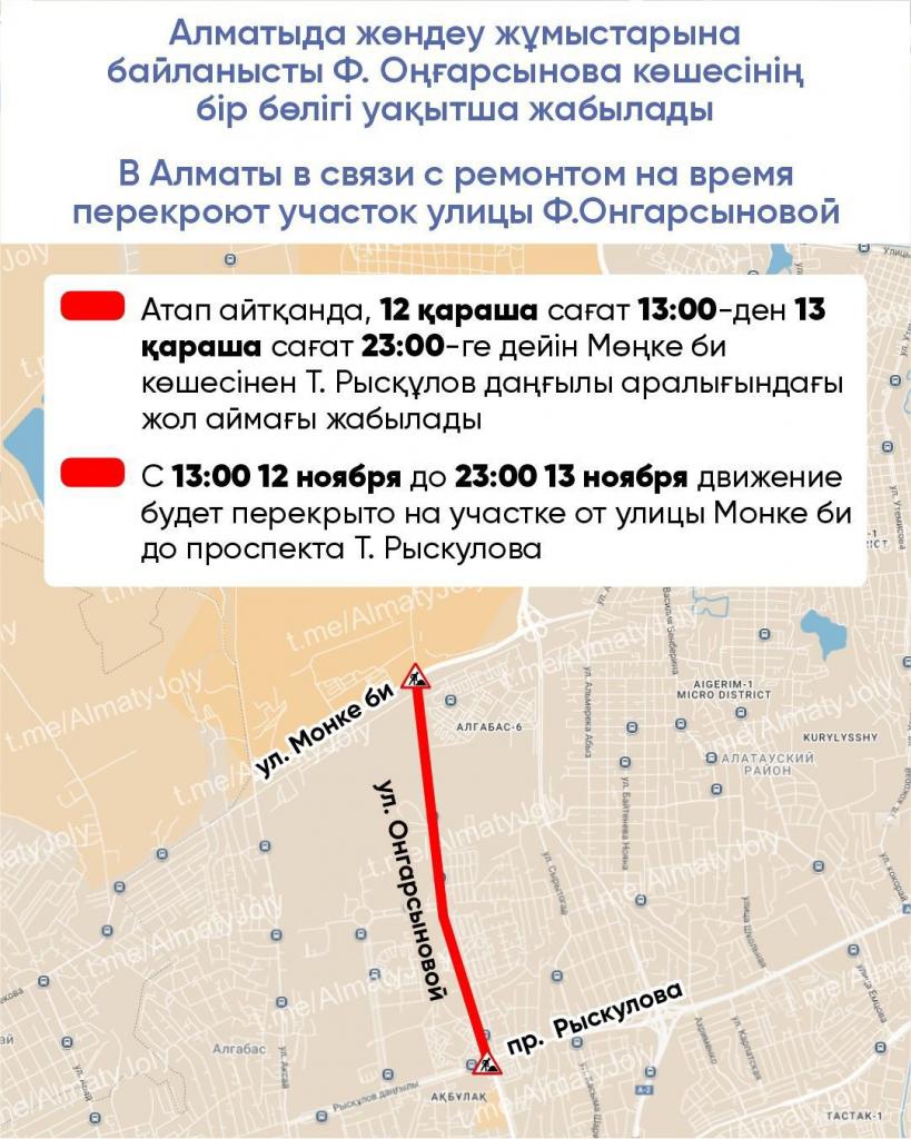 В Алматы в связи с ремонтом на время перекроют участок улицы Ф.Онгарсыновой