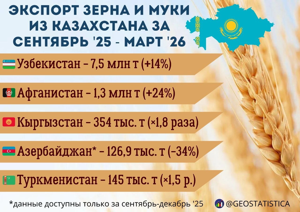 Экспорт зерна и муки из Казахстана в зерновом эквиваленте достиг 8,9 млн тонн