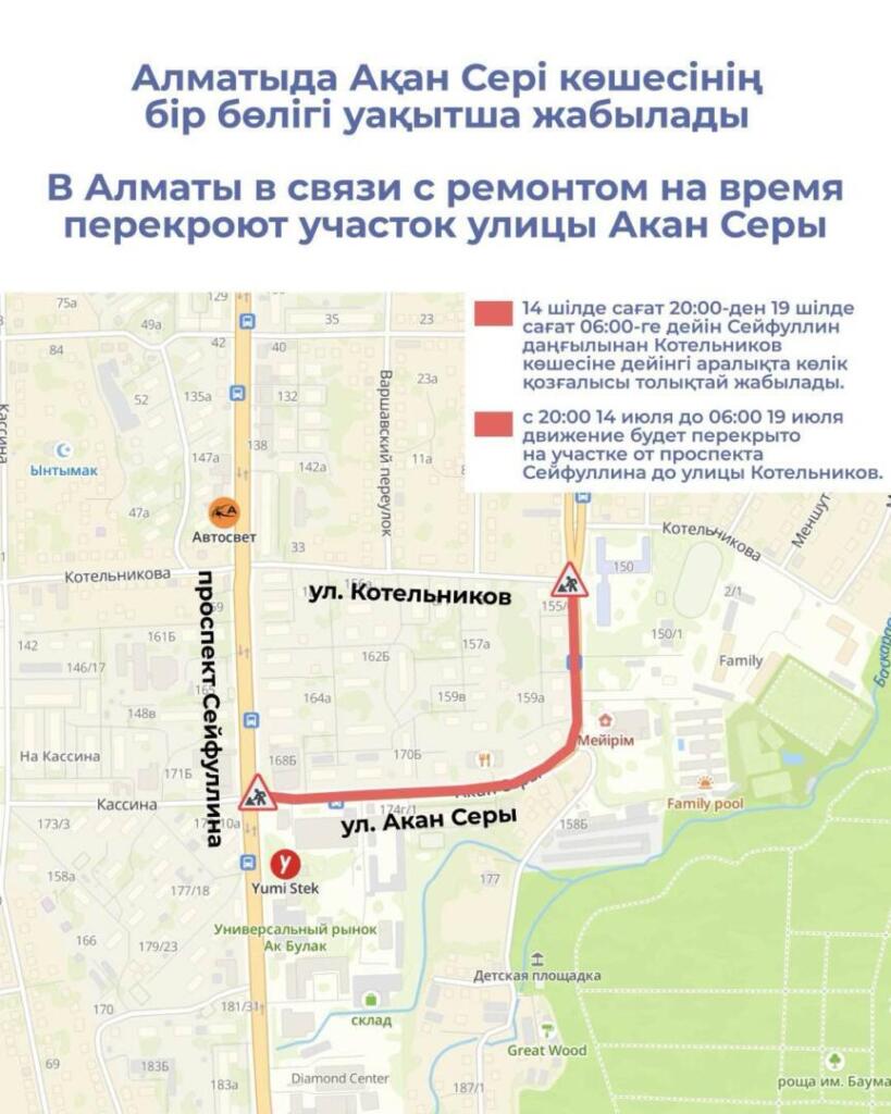 В Алматы в связи с ремонтом на время перекроют участок улицы Акан Серы