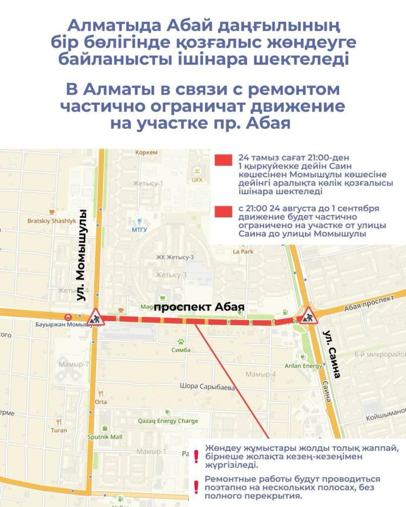 В Алматы в связи с ремонтом частично ограничат движение на участке пр. Абая