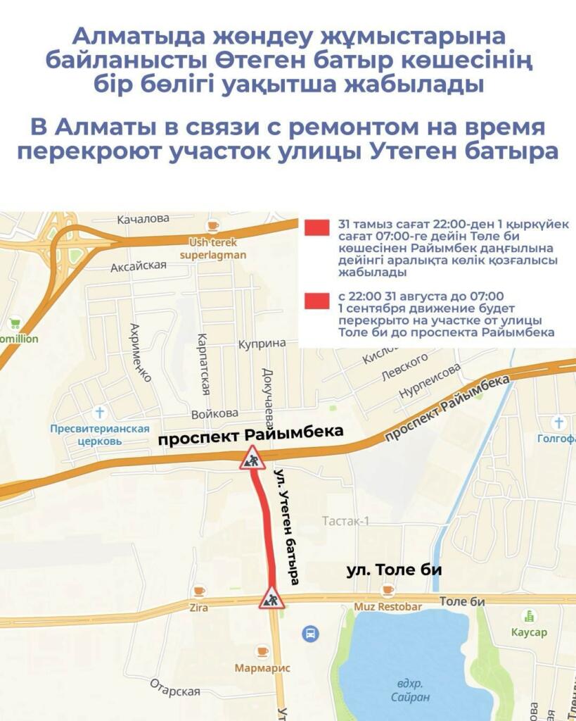 В Алматы в связи с ремонтом на время перекроют участок улицы Утеген батыра
