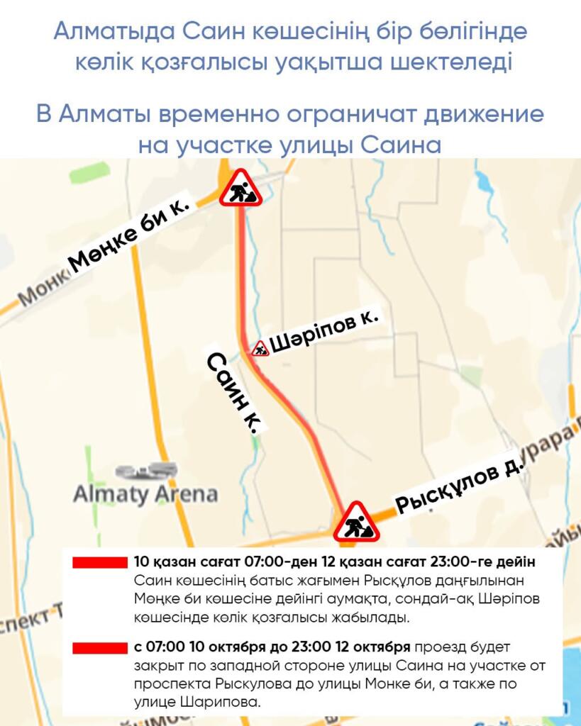 В Алматы временно ограничат движение на участке улицы Саина