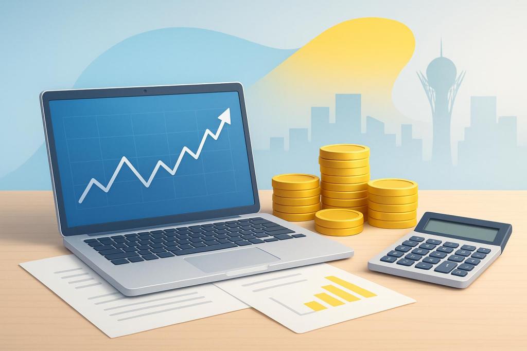 Финансовый рост: ноутбук с графиком, монеты и калькулятор на фоне силуэта города Алматы