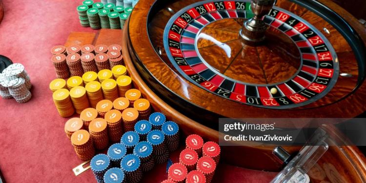 Casino roulette table with chips